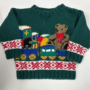 Vintage Baby Gap Green Handknit Sweater Christmas Toys Design 18-24 Months